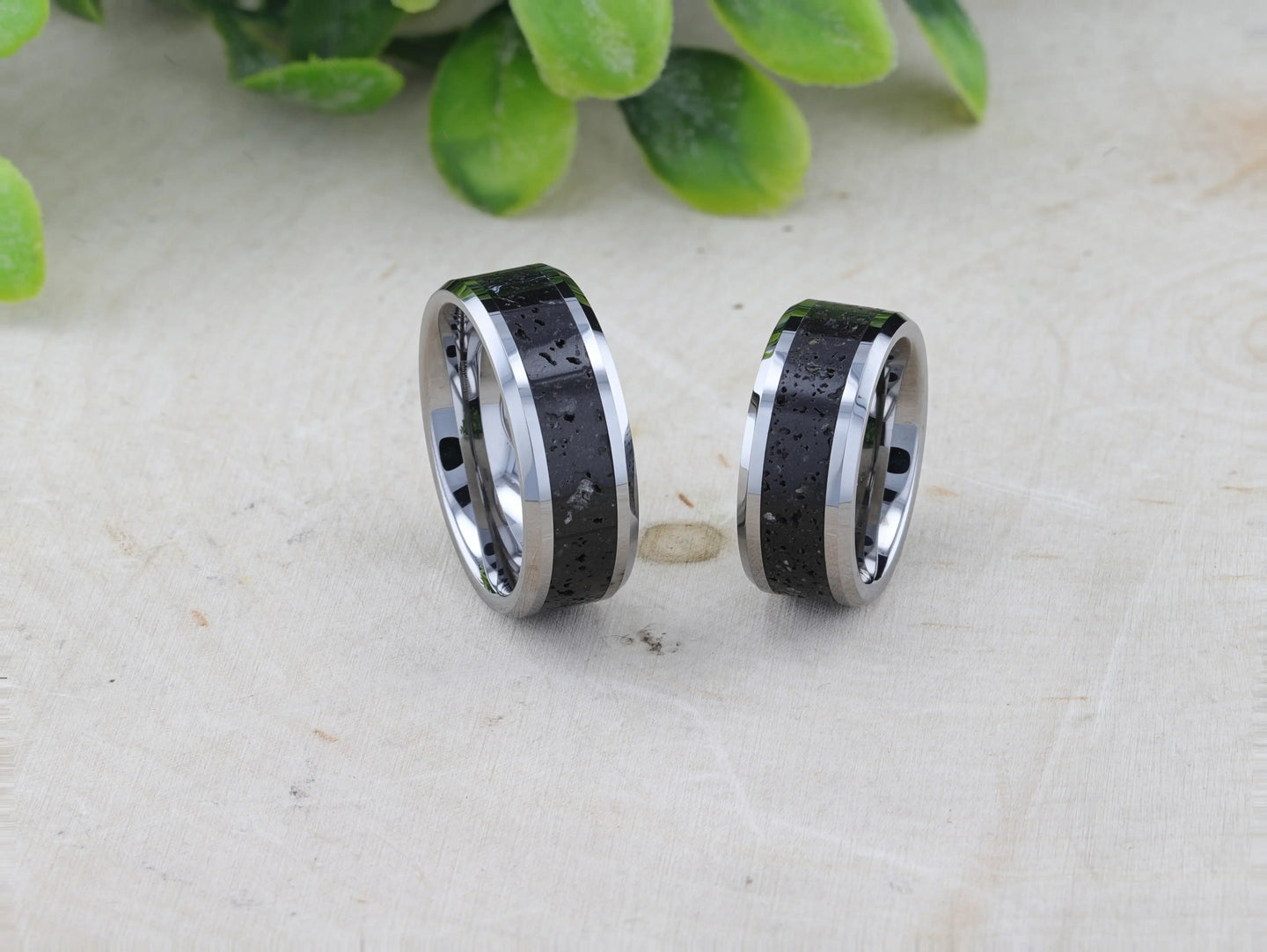 KILAUEA Men’s Polished Tungsten Wedding Band with Black & Gray Lava Rock Stone Inlay & Polished Beveled Edges - 8mm - Larson Jewelers