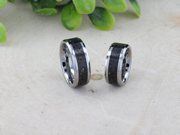 KILAUEA Men’s Polished Tungsten Wedding Band with Black & Gray Lava Rock Stone Inlay & Polished Beveled Edges - 8mm - Larson Jewelers