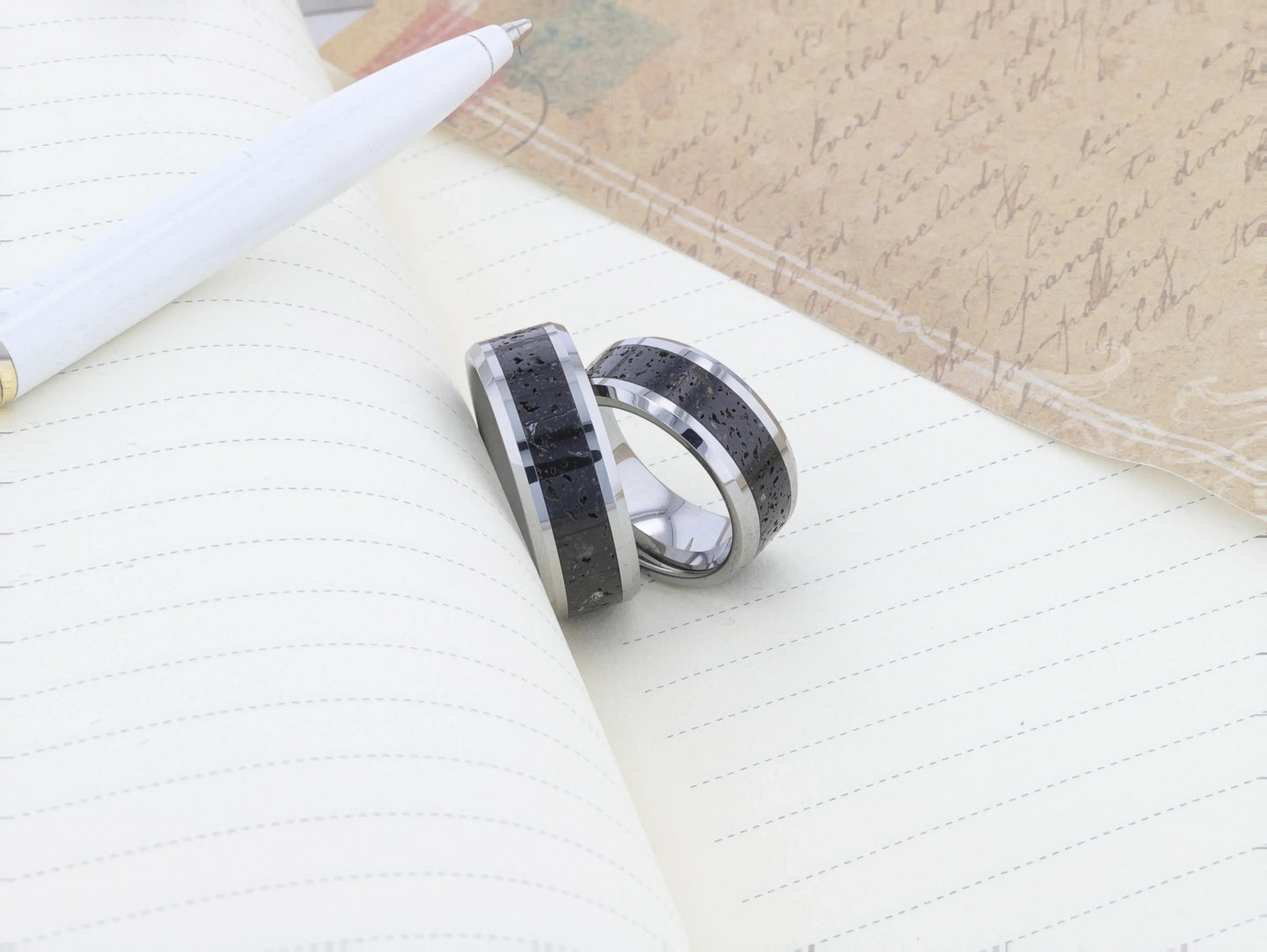 KILAUEA Men’s Polished Tungsten Wedding Band with Black & Gray Lava Rock Stone Inlay & Polished Beveled Edges - 8mm - Larson Jewelers