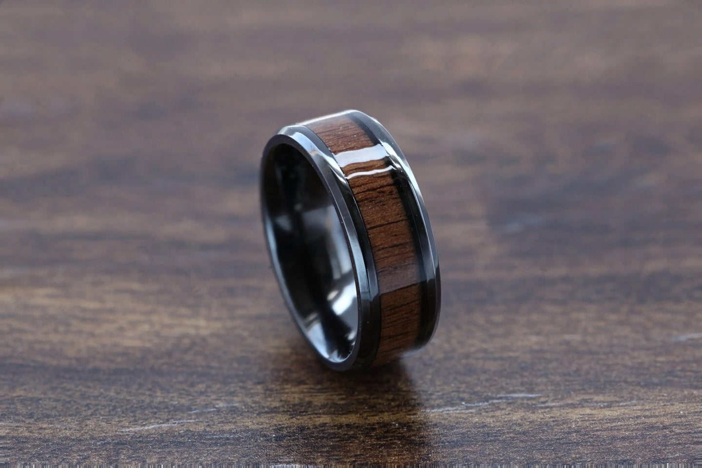 KONY Black Titanium Polished Beveled Edges Black Walnut Wood Inlaid Men’s Wedding Ring - 6mm & 8mm - Larson Jewelers