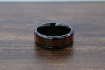 KONY Black Titanium Polished Beveled Edges Black Walnut Wood Inlaid Men’s Wedding Ring - 6mm & 8mm - Larson Jewelers