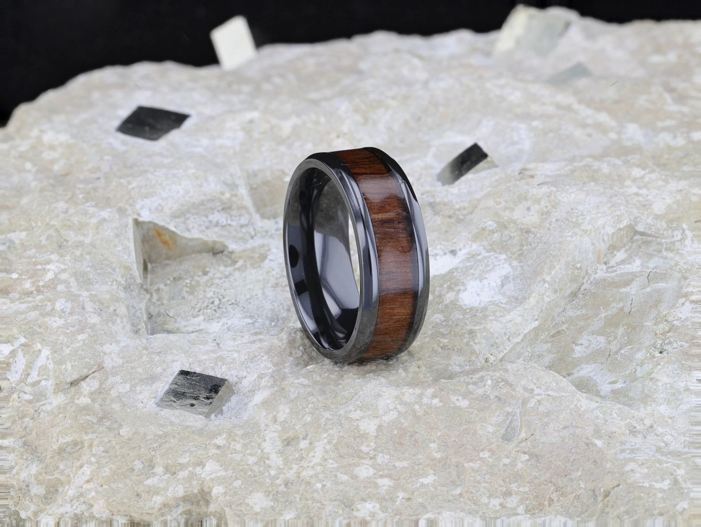 KONY Black Titanium Polished Beveled Edges Black Walnut Wood Inlaid Men’s Wedding Ring - 6mm & 8mm - Larson Jewelers