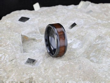 KONY Black Titanium Polished Beveled Edges Black Walnut Wood Inlaid Men’s Wedding Ring - 6mm & 8mm - Larson Jewelers