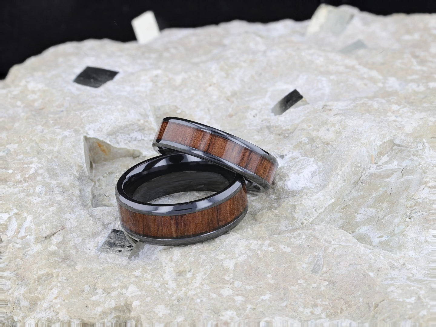 KONY Black Titanium Polished Beveled Edges Black Walnut Wood Inlaid Men’s Wedding Ring - 6mm & 8mm - Larson Jewelers