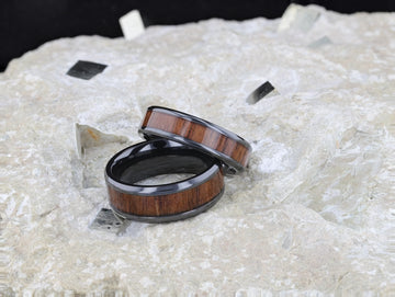 KONY Black Titanium Polished Beveled Edges Black Walnut Wood Inlaid Men’s Wedding Ring - 6mm & 8mm - Larson Jewelers