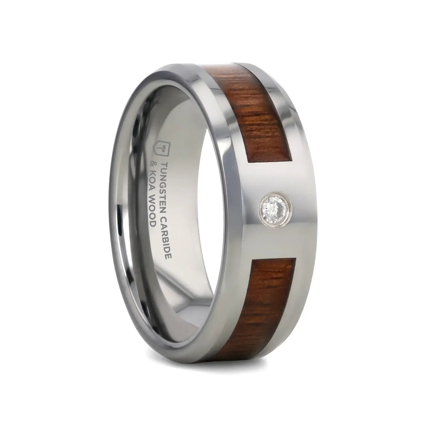 KAHUNA Tungsten Carbide Beveled Edged Diamond Wedding Band with Koa Wood Inlay & Polished Edges - 8mm - Larson Jewelers