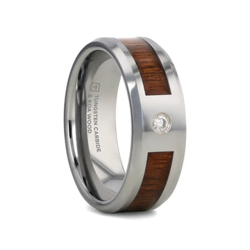 KAHUNA Tungsten Carbide Beveled Edged Diamond Wedding Band with Koa Wood Inlay & Polished Edges - 8mm - Larson Jewelers