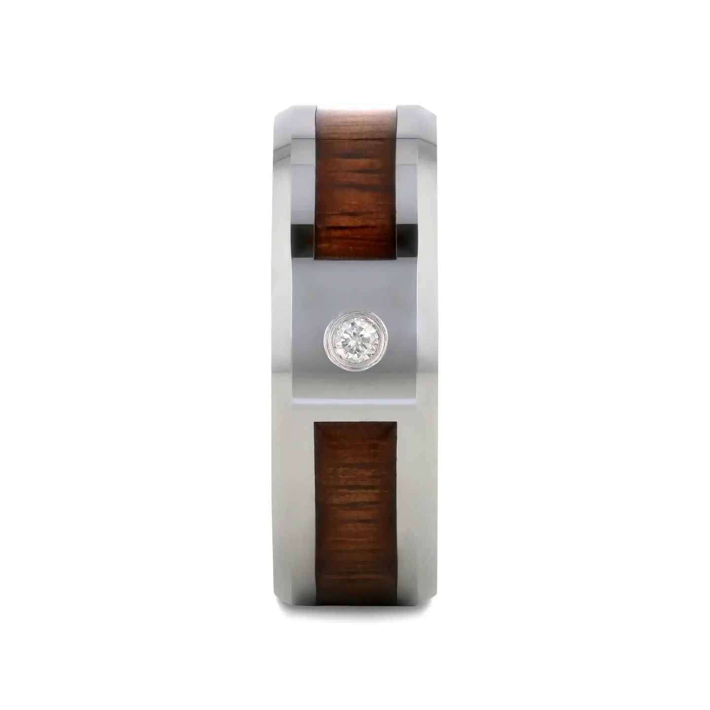 KAHUNA Tungsten Carbide Beveled Edged Diamond Wedding Band with Koa Wood Inlay & Polished Edges - 8mm - Larson Jewelers