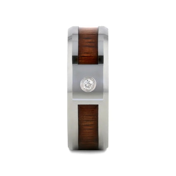 KAHUNA Tungsten Carbide Beveled Edged Diamond Wedding Band with Koa Wood Inlay & Polished Edges - 8mm - Larson Jewelers