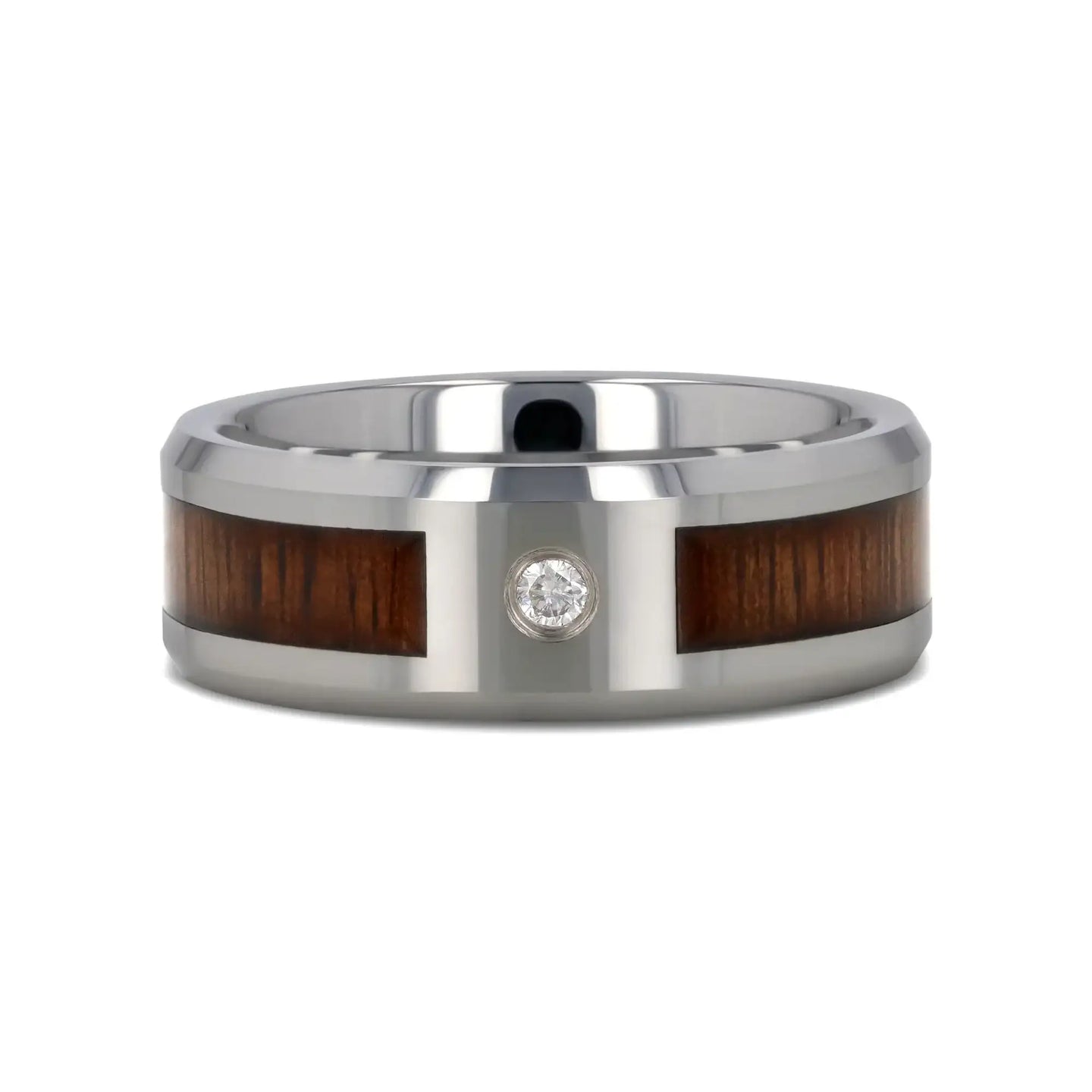 KAHUNA Tungsten Carbide Beveled Edged Diamond Wedding Band with Koa Wood Inlay & Polished Edges - 8mm - Larson Jewelers