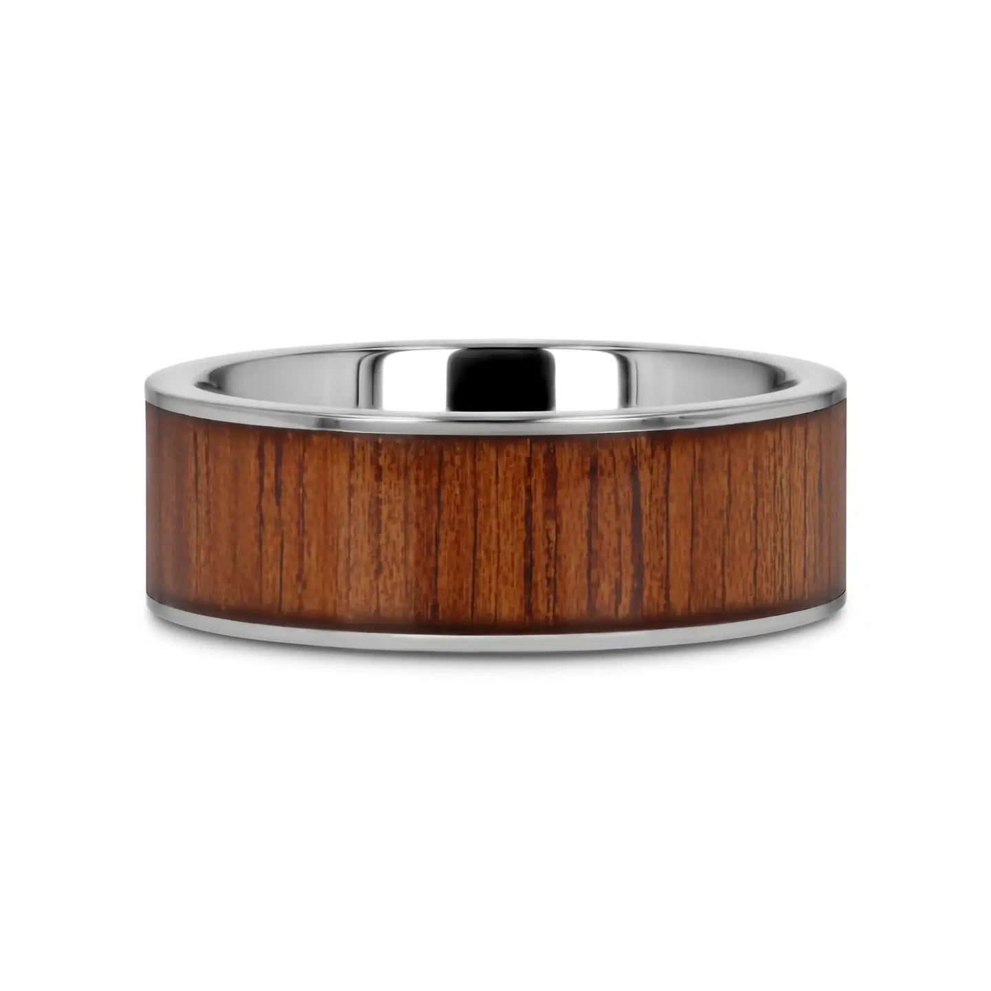KALANI Flat Tungsten Carbide Wedding Band with Rare Koa Wood Inlay and Polished Edges - 6mm - 10mm - Larson Jewelers