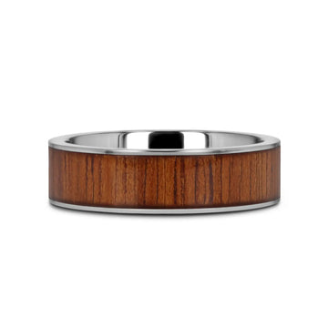 KALANI Flat Tungsten Carbide Wedding Band with Rare Koa Wood Inlay and Polished Edges - 6mm - 10mm - Larson Jewelers