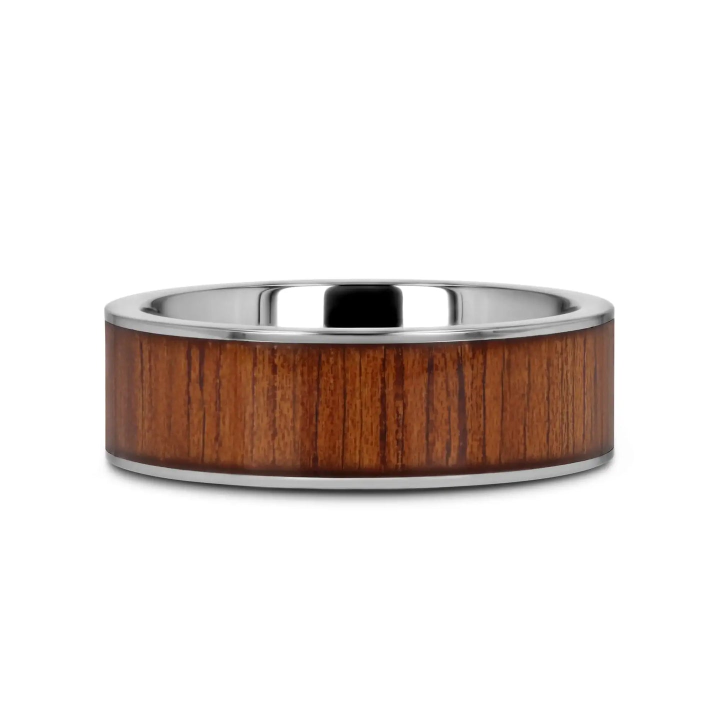 KALANI Flat Tungsten Carbide Wedding Band with Rare Koa Wood Inlay and Polished Edges - 6mm - 10mm - Larson Jewelers
