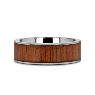 KALANI Flat Tungsten Carbide Wedding Band with Rare Koa Wood Inlay and Polished Edges - 6mm - 10mm - Larson Jewelers
