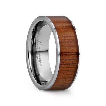 KALANI Flat Tungsten Carbide Wedding Band with Rare Koa Wood Inlay and Polished Edges - 6mm - 10mm - Larson Jewelers