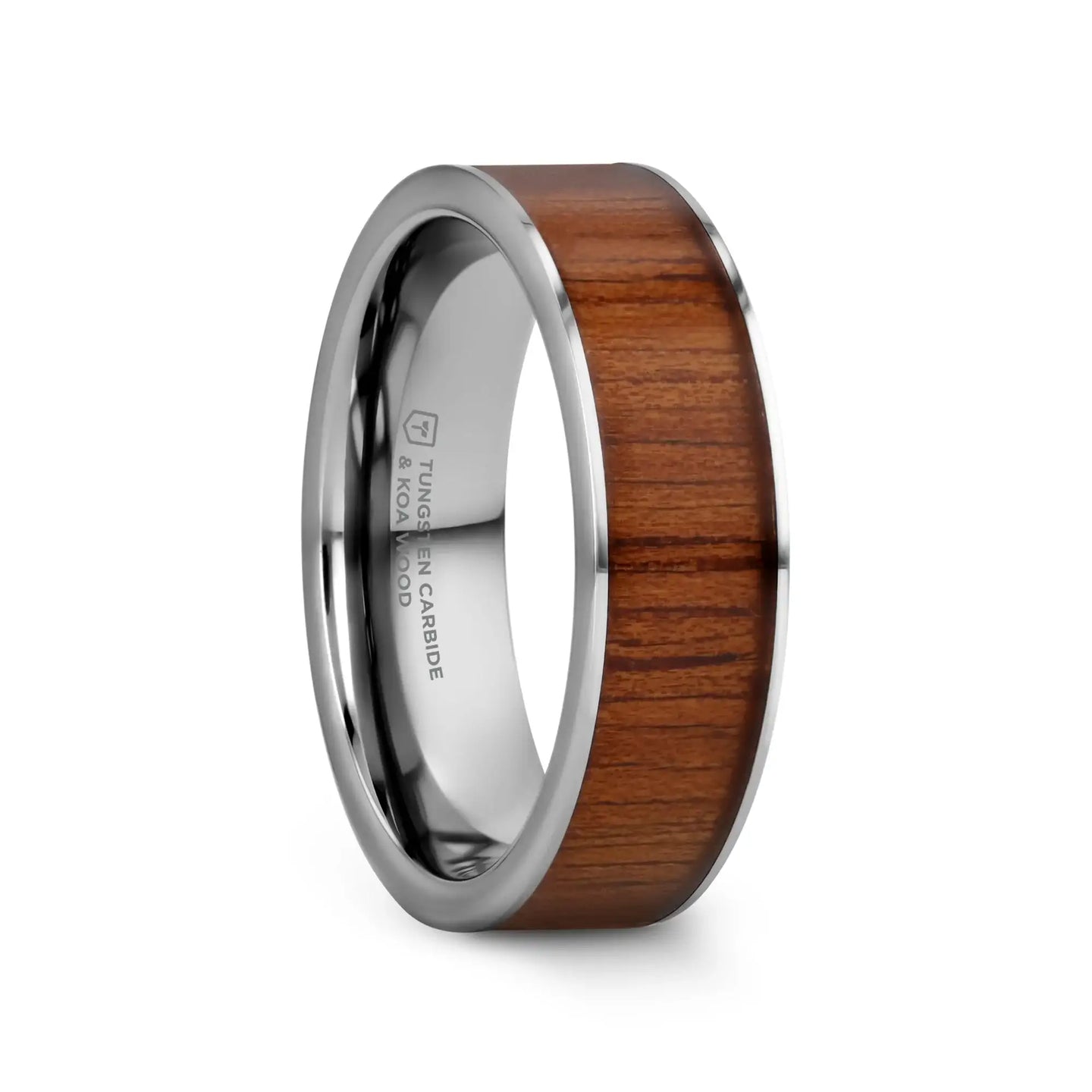 KALANI Flat Tungsten Carbide Wedding Band with Rare Koa Wood Inlay and Polished Edges - 6mm - 10mm - Larson Jewelers