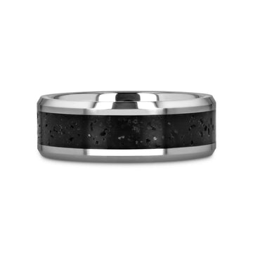 KILAUEA Men’s Polished Tungsten Wedding Band with Black & Gray Lava Rock Stone Inlay & Polished Beveled Edges - 8mm - Larson Jewelers