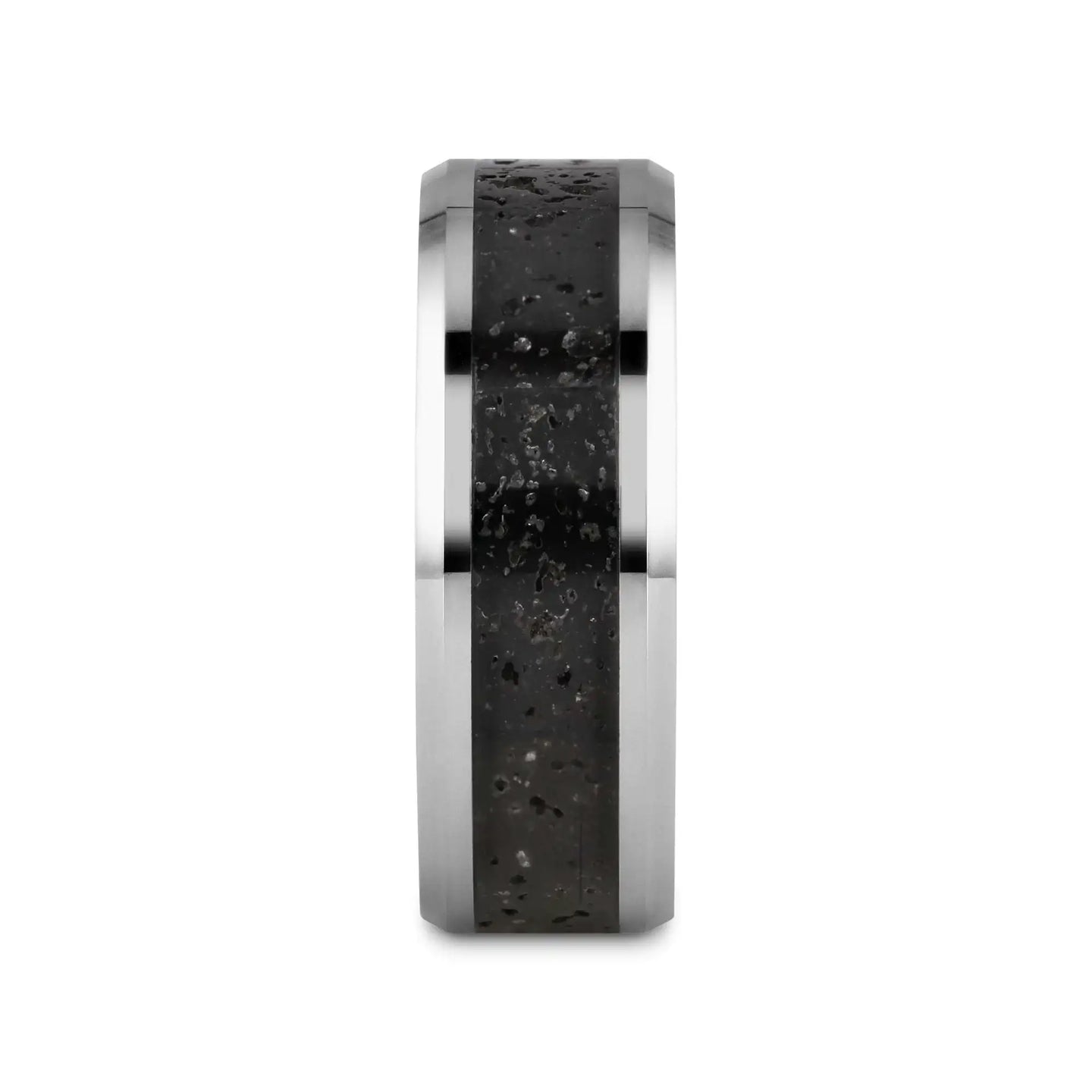 KILAUEA Men’s Polished Tungsten Wedding Band with Black & Gray Lava Rock Stone Inlay & Polished Beveled Edges - 8mm - Larson Jewelers