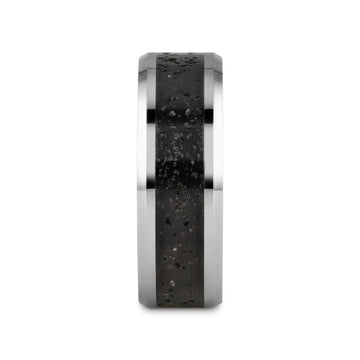 KILAUEA Men’s Polished Tungsten Wedding Band with Black & Gray Lava Rock Stone Inlay & Polished Beveled Edges - 8mm - Larson Jewelers
