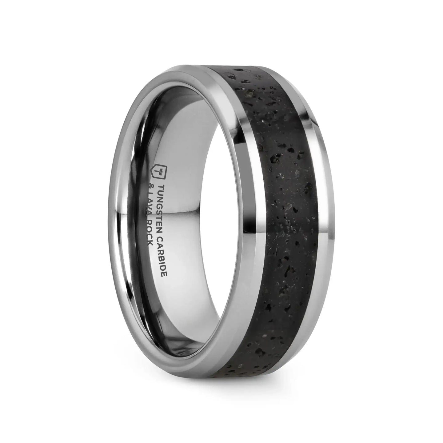 KILAUEA Men’s Polished Tungsten Wedding Band with Black & Gray Lava Rock Stone Inlay & Polished Beveled Edges - 8mm - Larson Jewelers
