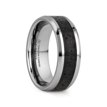 KILAUEA Men’s Polished Tungsten Wedding Band with Black & Gray Lava Rock Stone Inlay & Polished Beveled Edges - 8mm - Larson Jewelers