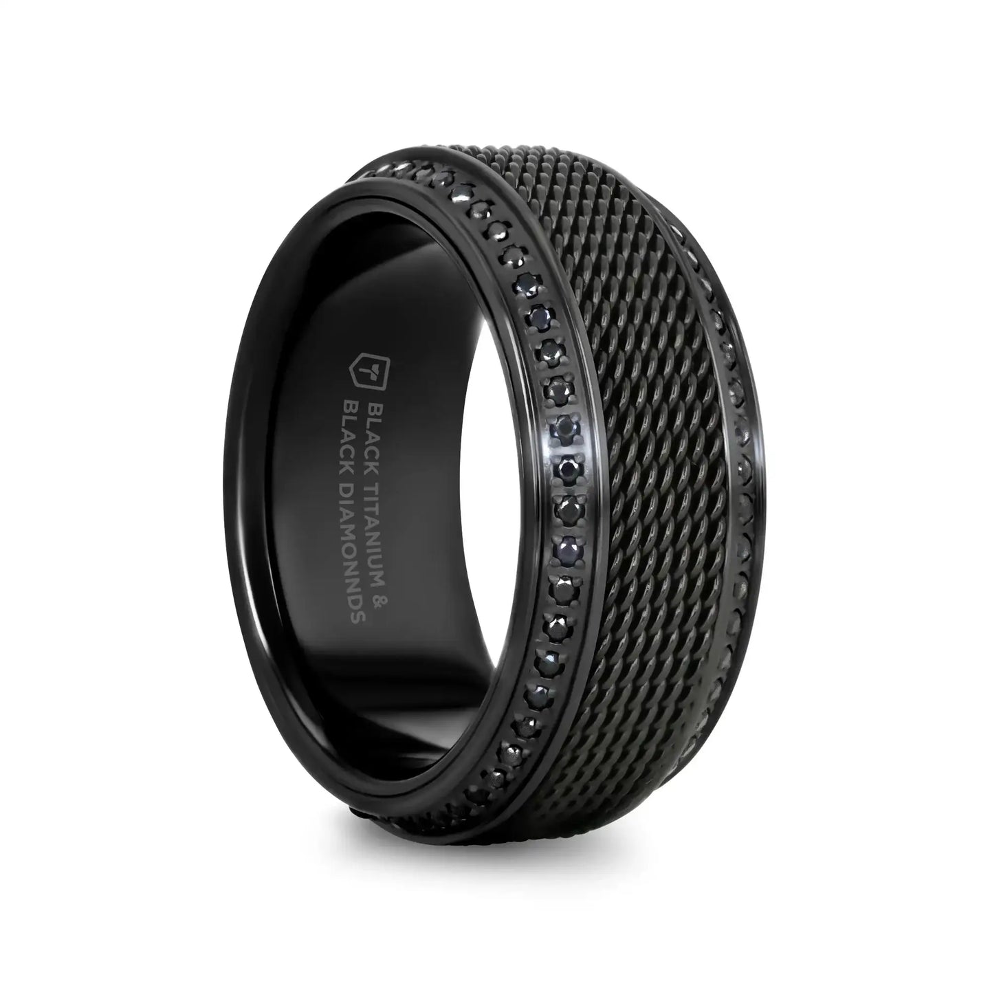 KNIGHT Steel Chain Black Titanium Wedding Ring Polished Beveled Edges Set with Round Black Diamonds - 10mm - Larson Jewelers
