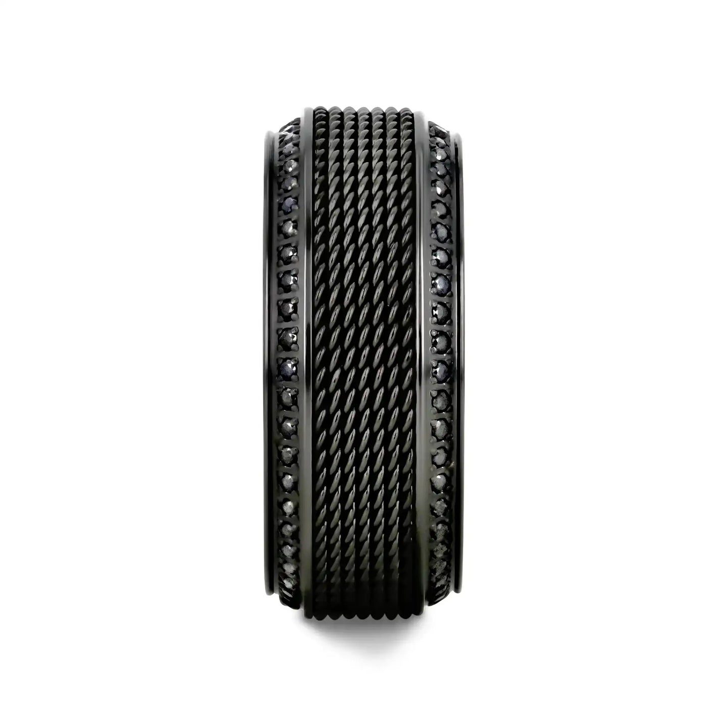 KNIGHT Steel Chain Black Titanium Wedding Ring Polished Beveled Edges Set with Round Black Diamonds - 10mm - Larson Jewelers