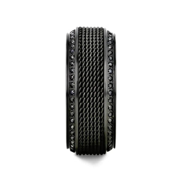 KNIGHT Steel Chain Black Titanium Wedding Ring Polished Beveled Edges Set with Round Black Diamonds - 10mm - Larson Jewelers
