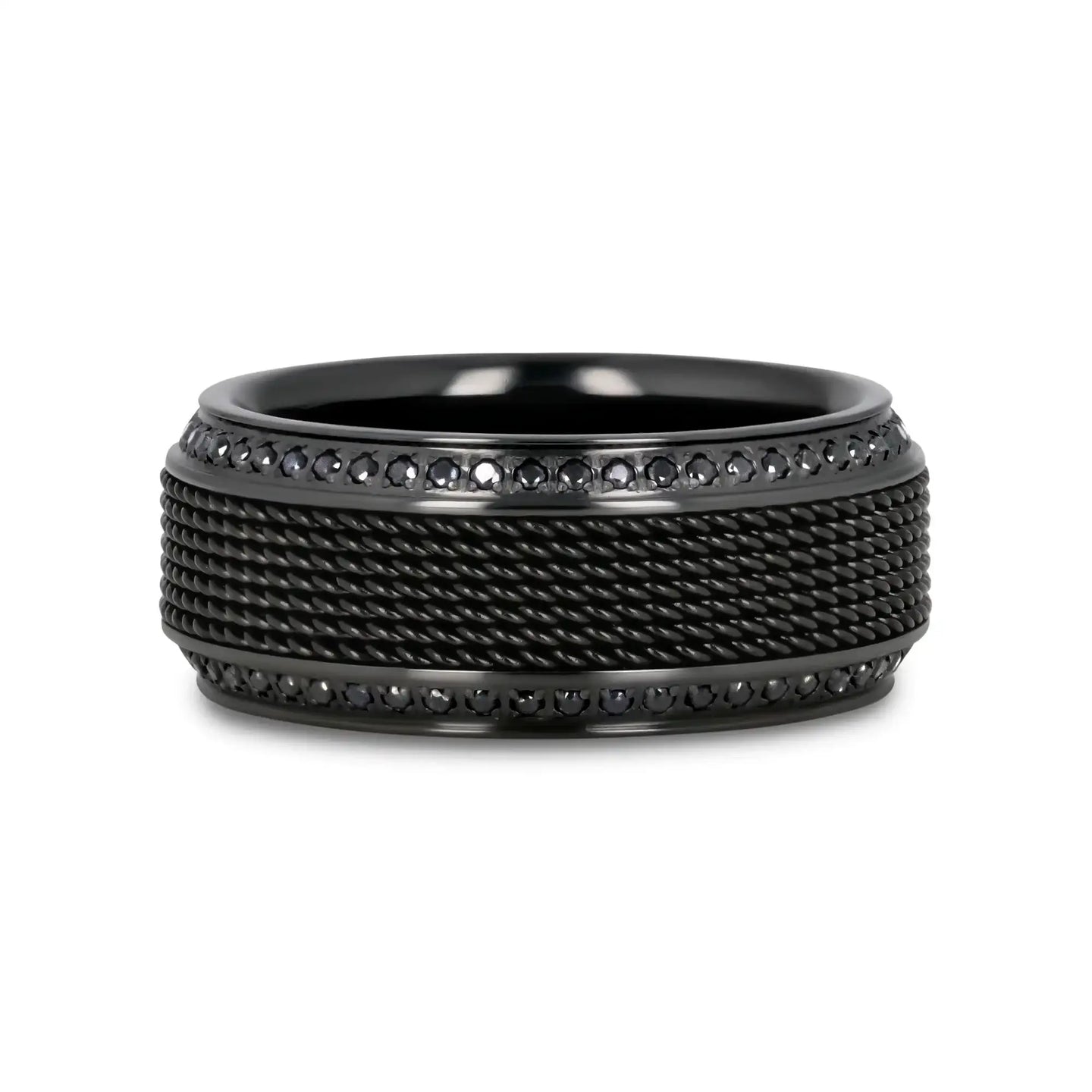 KNIGHT Steel Chain Black Titanium Wedding Ring Polished Beveled Edges Set with Round Black Diamonds - 10mm - Larson Jewelers
