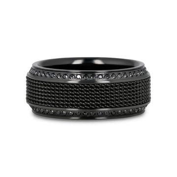 KNIGHT Steel Chain Black Titanium Wedding Ring Polished Beveled Edges Set with Round Black Diamonds - 10mm - Larson Jewelers