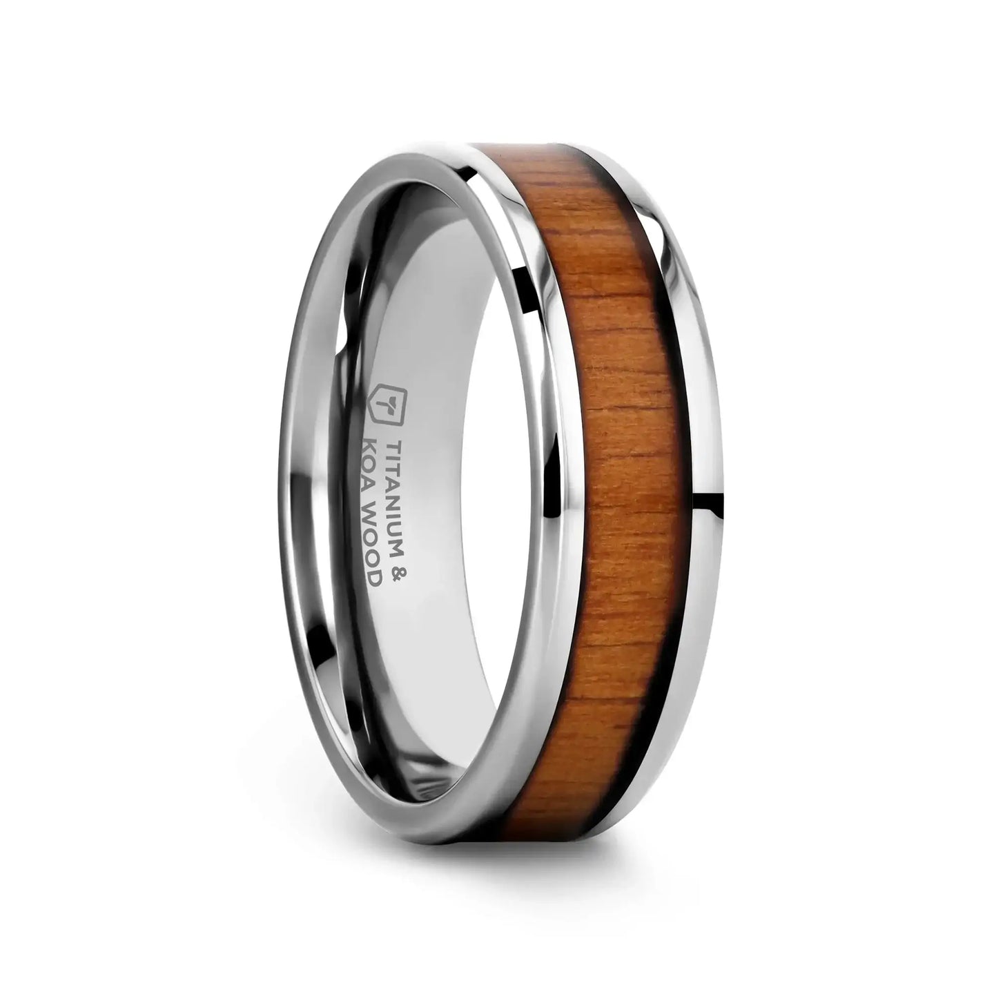 KOAN Titanium Polished Finish Koa Wood Inlaid Men’s Wedding Ring with Beveled Edges - 6mm & 8mm - Larson Jewelers