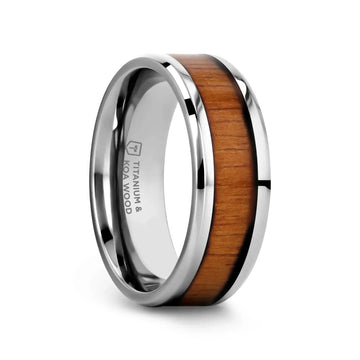 KOAN Titanium Polished Finish Koa Wood Inlaid Men’s Wedding Ring with Beveled Edges - 6mm & 8mm - Larson Jewelers