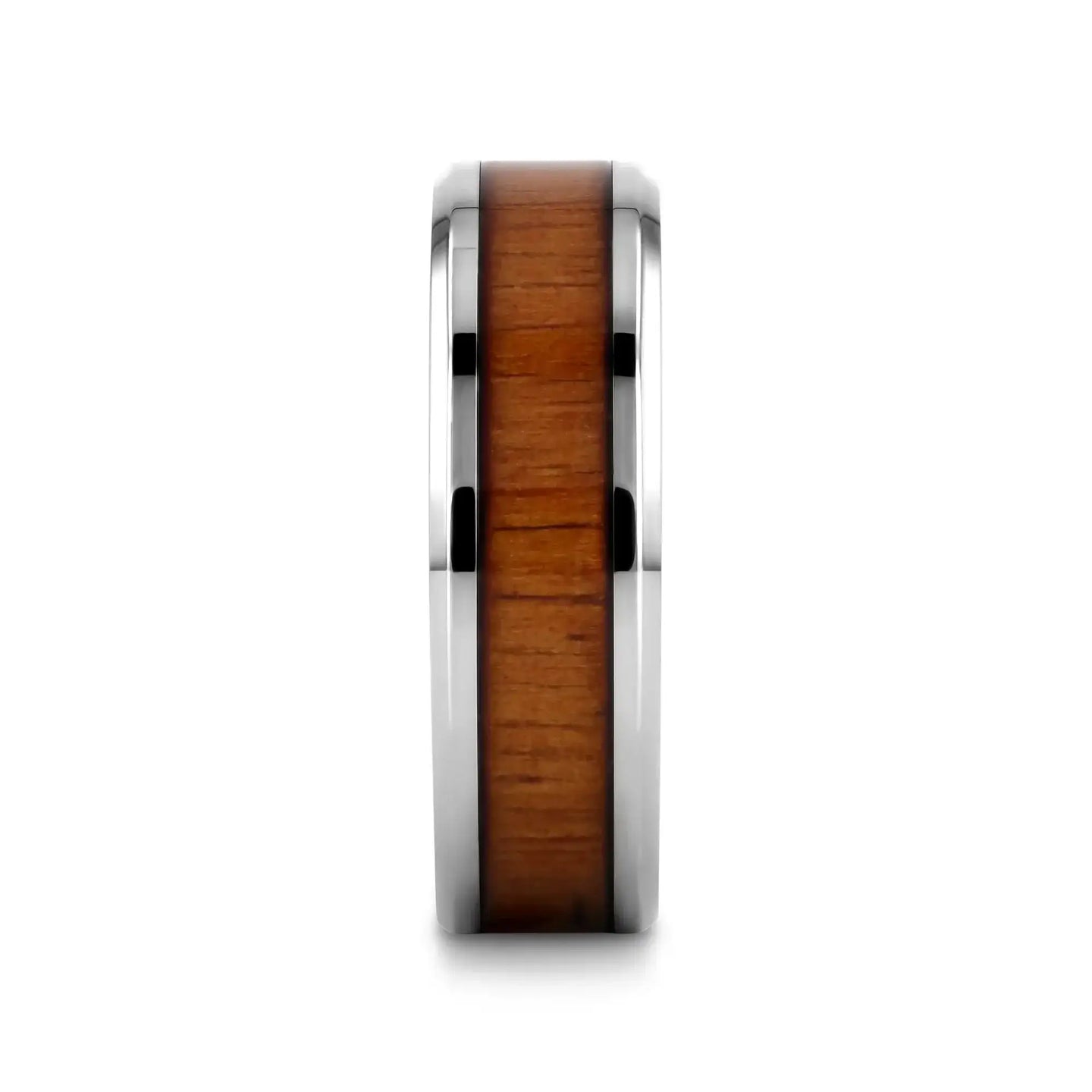 KOAN Titanium Polished Finish Koa Wood Inlaid Men’s Wedding Ring with Beveled Edges - 6mm & 8mm - Larson Jewelers