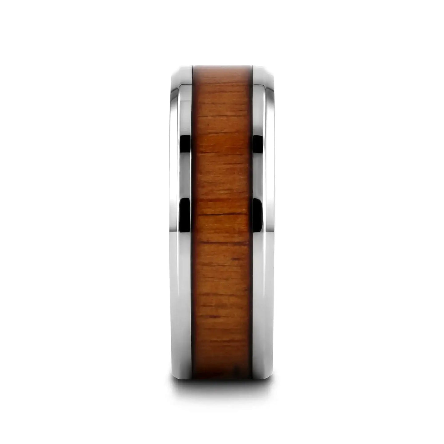 KOAN Titanium Polished Finish Koa Wood Inlaid Men’s Wedding Ring with Beveled Edges - 6mm & 8mm - Larson Jewelers
