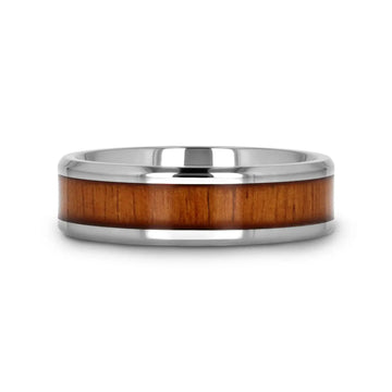 KOAN Titanium Polished Finish Koa Wood Inlaid Men’s Wedding Ring with Beveled Edges - 6mm & 8mm - Larson Jewelers