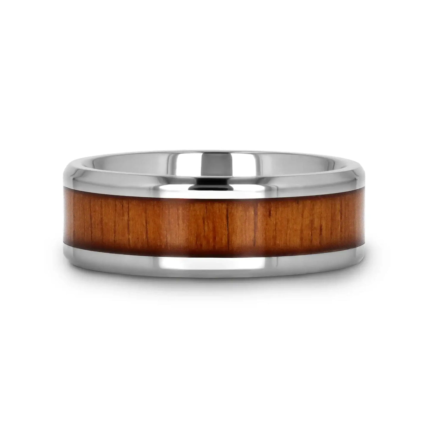 KOAN Titanium Polished Finish Koa Wood Inlaid Men’s Wedding Ring with Beveled Edges - 6mm & 8mm - Larson Jewelers