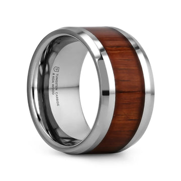 KONA Koa Wood Inlaid Tungsten Carbide Ring with Bevels - 12mm - Larson Jewelers