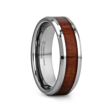 KONA Koa Wood Inlaid Tungsten Carbide Ring with Bevels - 4mm - 12mm - Larson Jewelers