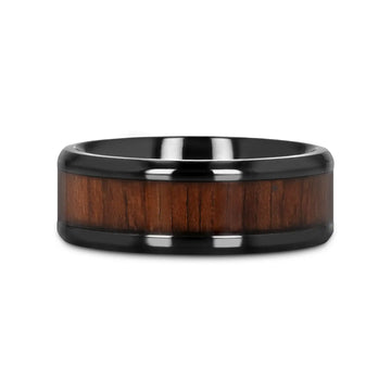 KONY Black Titanium Polished Beveled Edges Black Walnut Wood Inlaid Men’s Wedding Ring - 6mm & 8mm - Larson Jewelers