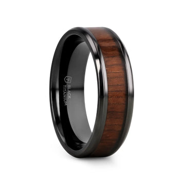 KONY Black Titanium Polished Beveled Edges Black Walnut Wood Inlaid Men’s Wedding Ring - 6mm & 8mm - Larson Jewelers