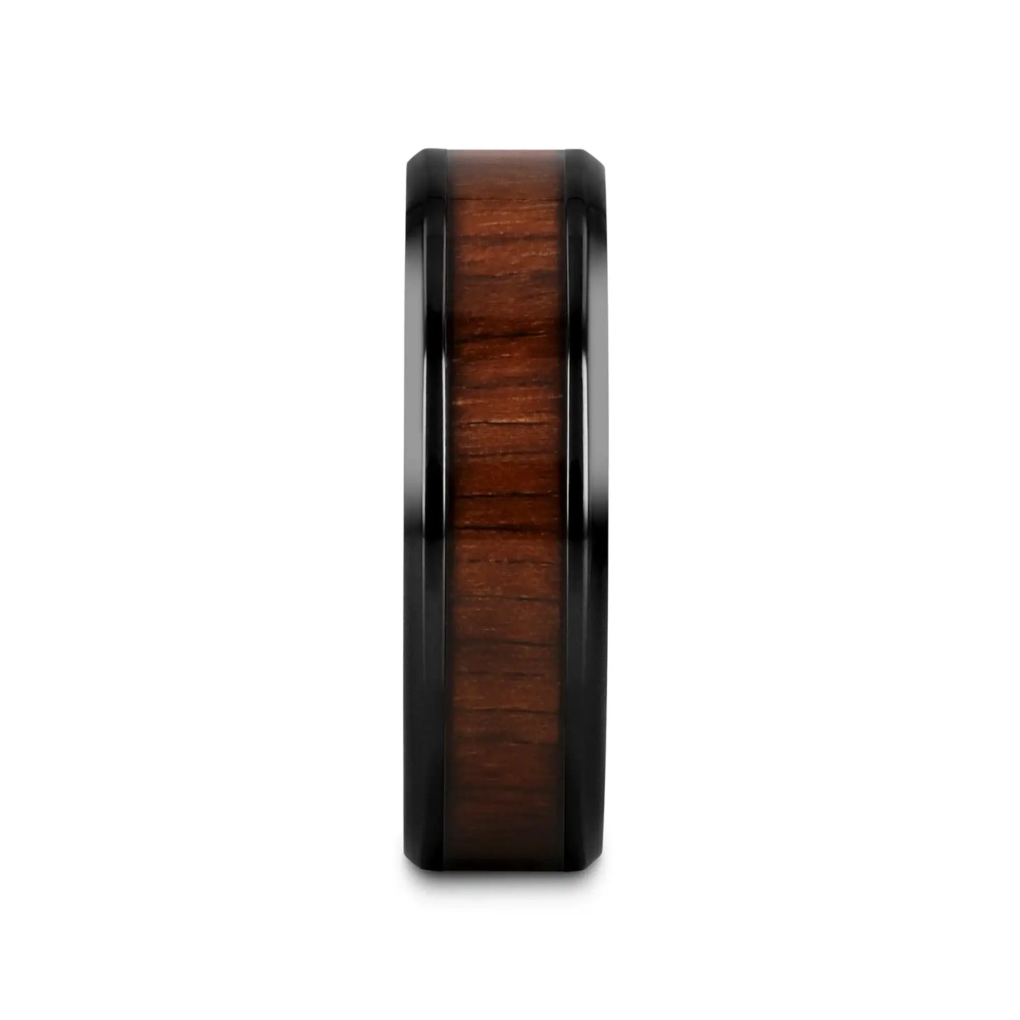 KONY Black Titanium Polished Beveled Edges Black Walnut Wood Inlaid Men’s Wedding Ring - 6mm & 8mm - Larson Jewelers