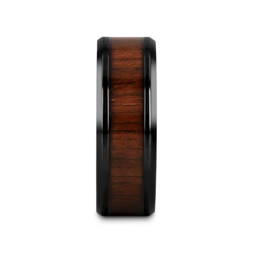 KONY Black Titanium Polished Beveled Edges Black Walnut Wood Inlaid Men’s Wedding Ring - 6mm & 8mm - Larson Jewelers