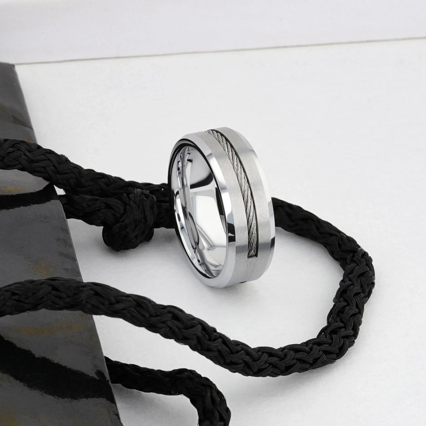 LANNISTER Men’s Tungsten Flat Wedding Band with Steel Wire Cable Inlay & Beveled Edges - 8mm - Larson Jewelers