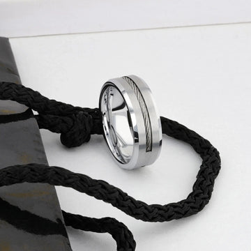 LANNISTER Men’s Tungsten Flat Wedding Band with Steel Wire Cable Inlay & Beveled Edges - 8mm - Larson Jewelers