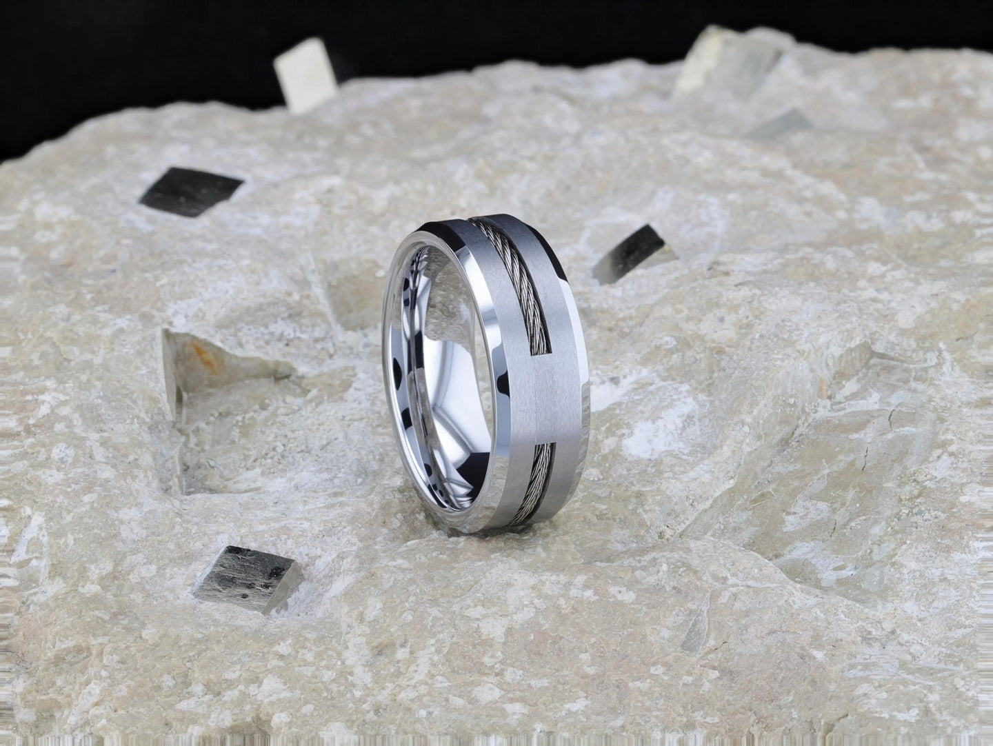 LANNISTER Men’s Tungsten Flat Wedding Band with Steel Wire Cable Inlay & Beveled Edges - 8mm - Larson Jewelers