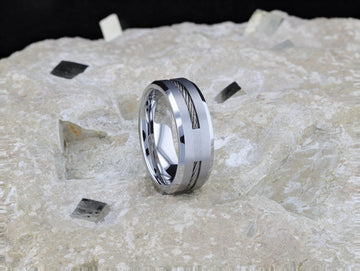 LANNISTER Men’s Tungsten Flat Wedding Band with Steel Wire Cable Inlay & Beveled Edges - 8mm - Larson Jewelers