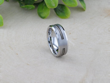 LANNISTER Men’s Tungsten Flat Wedding Band with Steel Wire Cable Inlay & Beveled Edges - 8mm - Larson Jewelers