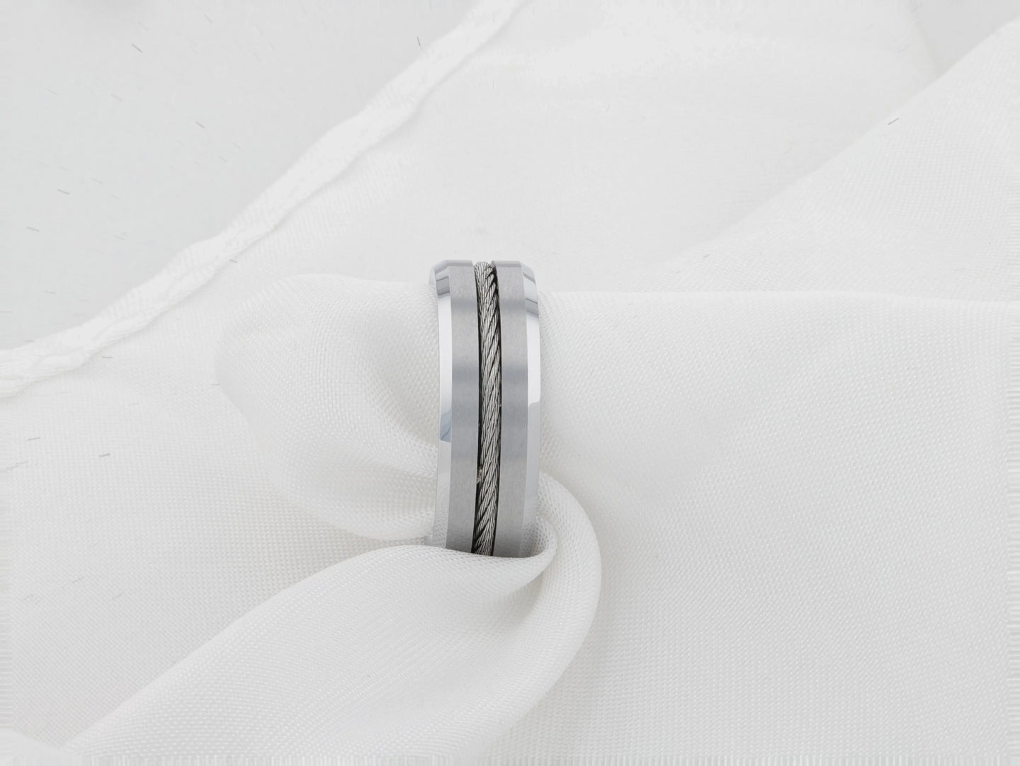 LANNISTER Men’s Tungsten Flat Wedding Band with Steel Wire Cable Inlay & Beveled Edges - 8mm - Larson Jewelers