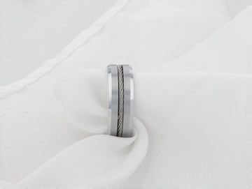 LANNISTER Men’s Tungsten Flat Wedding Band with Steel Wire Cable Inlay & Beveled Edges - 8mm - Larson Jewelers
