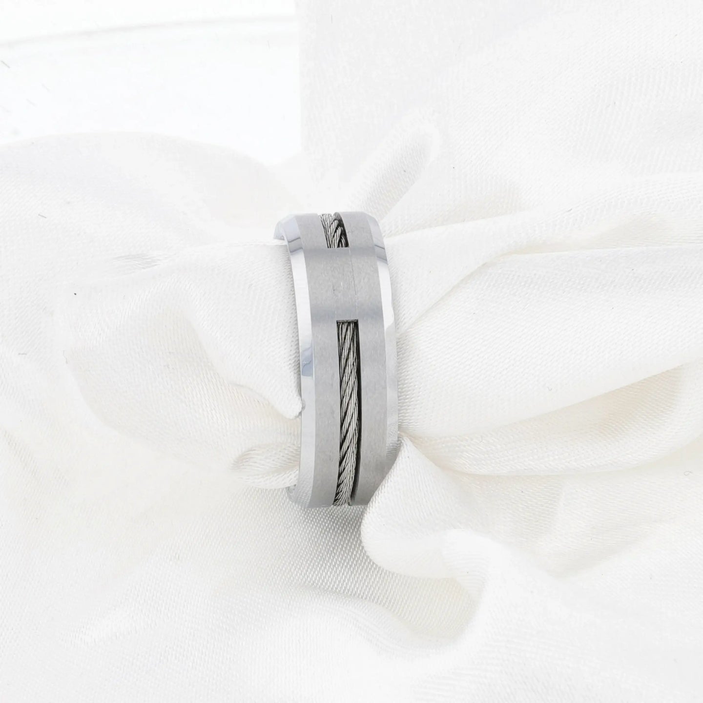 LANNISTER Men’s Tungsten Flat Wedding Band with Steel Wire Cable Inlay & Beveled Edges - 8mm - Larson Jewelers